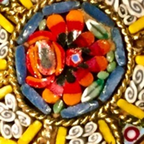YELLOW RED FLORAL ITALIAN MICRO MOSAIC PIN BROOCH - Picture 3 of 5